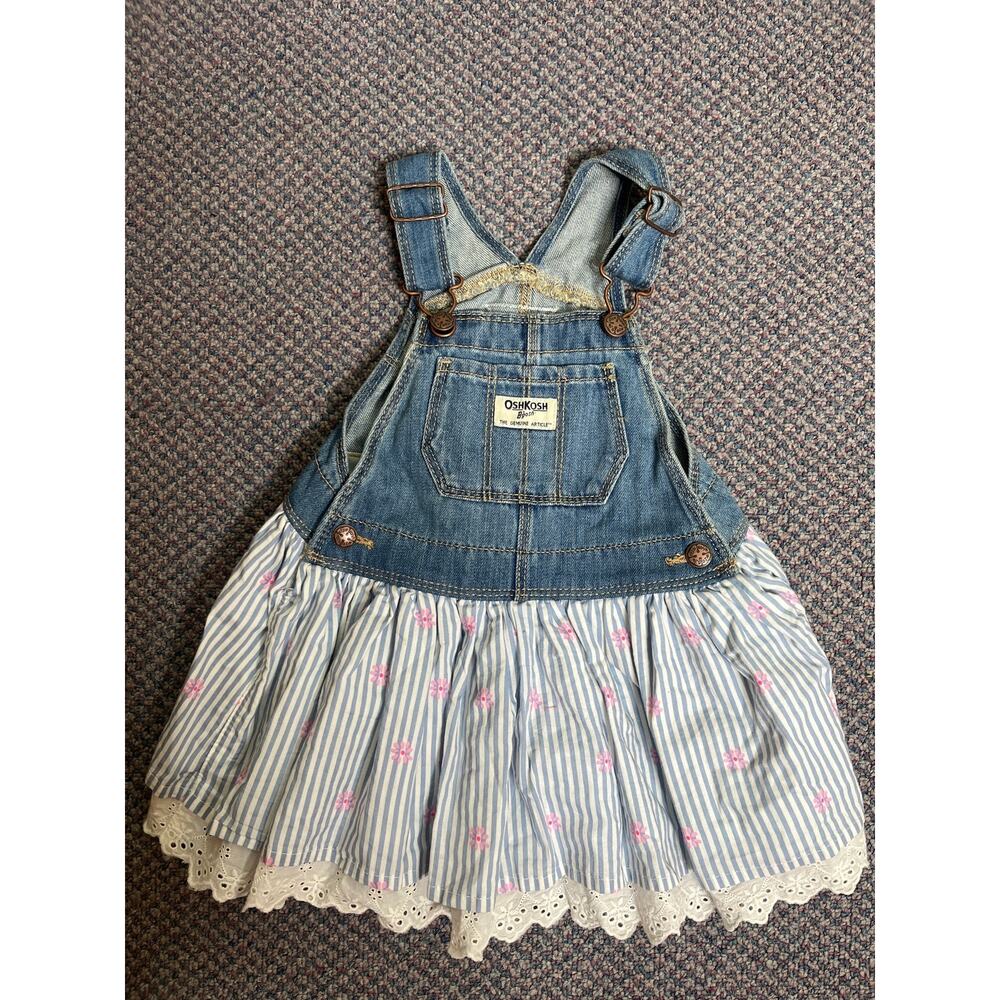 OshKosh Vestbak Denim Overall Dress Blue Striped Lace Trim 24 month